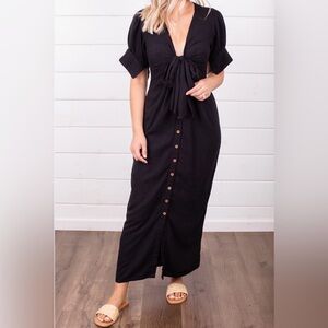 Free People Vintage Summer Midi Dress Button Front Tie Black Medium